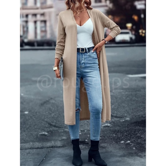 Beige Khaki Tan Light Duster Cardigan Open Long Sleeve  Knit, Stretchy - Picture 6 of 8